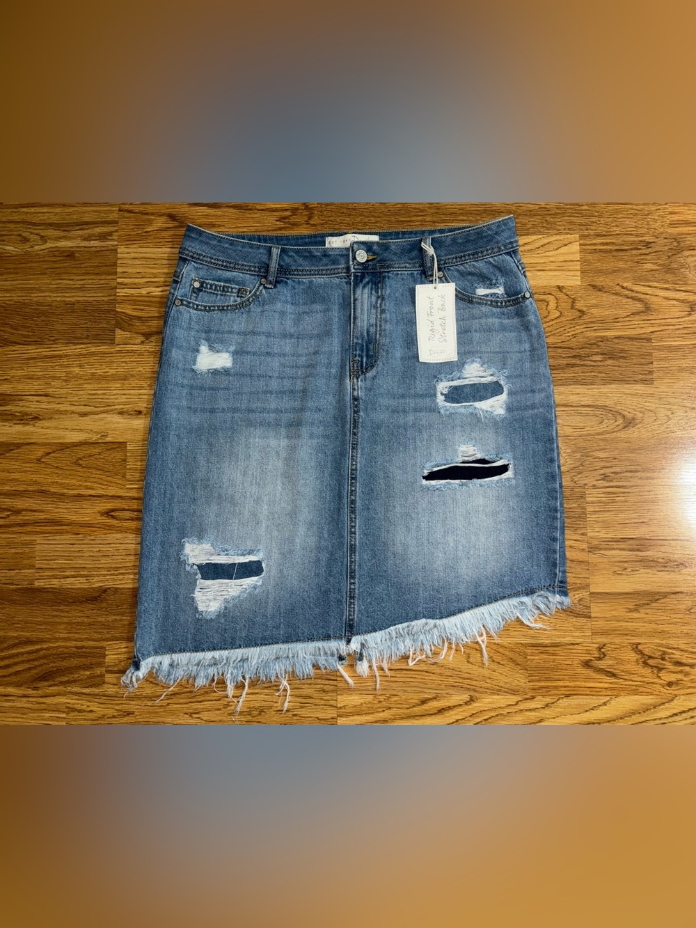 Cato est 1946 Denim Jean Skirt Raw Hem Patched Women's Size 12 Stretch Pockets